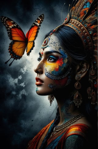 An Indian woman , a queen who wishes becoming  a butterfly,  vivid palette,  moody lighting,  high resolution and contrast,  intricately textured and extremely detailed,  detailmaster2,  side-light,  best quality,  fine artwork,ink art, Indian beauty,DonMM1y4XL