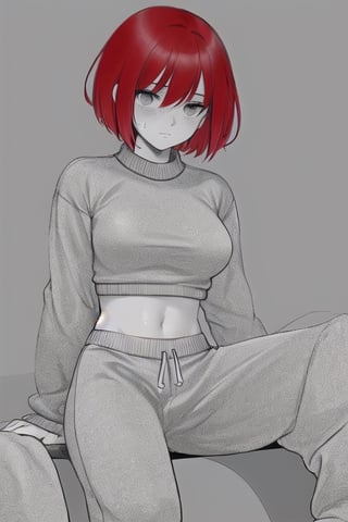 1Woman, short hair, red hair, medium breasts, sweater, Sweatpants, Monochrome, grayscale