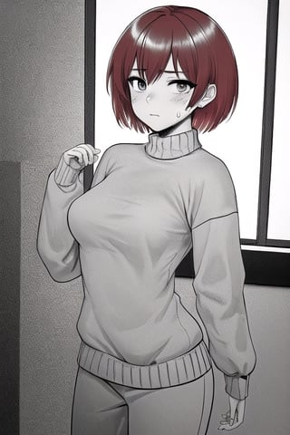 1Woman, short hair, red hair, medium breasts, sweater, Sweatpants, Monochrome, grayscale