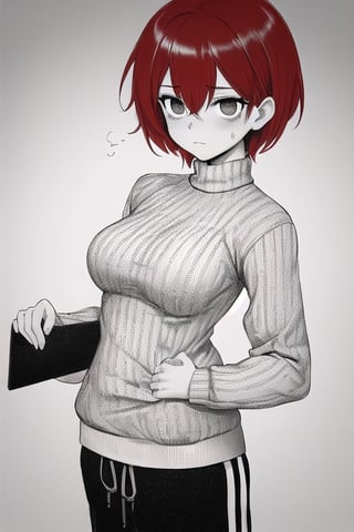 1Woman, short hair, red hair, medium breasts, sweater, Sweatpants, Monochrome, grayscale