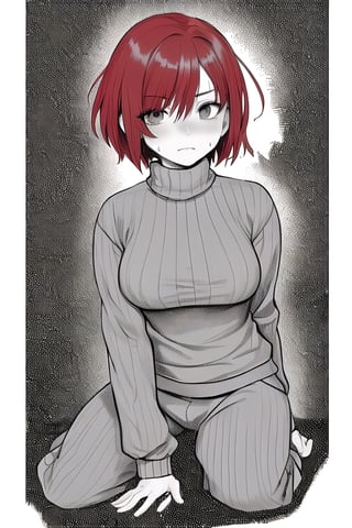 1Woman, short hair, red hair, medium breasts, sweater, Sweatpants, Monochrome, grayscale