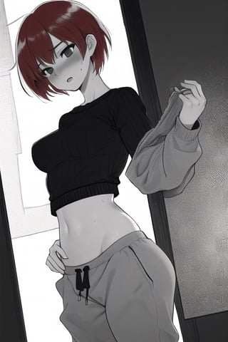 1Woman, short hair, red hair, medium breasts, sweater, Sweatpants, Monochrome, grayscale