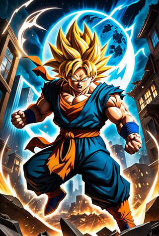 ((Masterpiece in 4K resolution, style inspired by Hearthstone card design and the Dragon Ball universe, featuring Goku transformed into a Super Saiyan with a background of a destroyed city at night)). | Trading card depicting Goku in his Super Saiyan form, with bristling golden hair and intense eyes, as he prepares to launch a powerful attack. Rays of energy and a glowing aura surround the character, enhancing his power. | The background of the card features a nighttime scene of a destroyed city, with damaged buildings, scattered debris and smoke, while the dark sky is illuminated by the moon and the energies of battle. The icons and details typical of Hearthstone cards are present, harmonizing the overall design. | Dynamic composition with Goku in the center, highlighting his aggressive pose and the sensation of movement. | Dramatic lighting, with cold tones and strong contrasts, deep shadows and light effects that highlight the character's powerful appearance and the chaotic environment of the destroyed city. | Hearthstone Card of Goku transformed into a Super Saiyan, ready for battle in the background of a city devastated by night. | ((perfect_design, perfect_composition, perfect_layout)), ((perfect_detail, perfect_texture)), ((perfect_composition, perfect_design, perfect_layout, perfect_detail, ultra_detailed)), (((enhance_details, correct_imperfections))), More Detail, Enhance