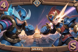 ((Masterpiece in 4K resolution, style inspired by Hearthstone card design and the Mega Man X universe)). | Collectible character card representing Mega Man X, the robotic protagonist of the popular game series. Mega Man X is portrayed in a dynamic pose, with his cannon in hand and determined eyes, ready to face his enemies. | The background of the card features a futuristic battle scene, with metallic elements and light effects that resemble the environment of the Mega Man X games. Icons and details typical of Hearthstone cards are present, harmonizing the overall design. | Composition centered on the character, with a slightly low angle, enhancing the feeling of power and prominence. | Vibrant lighting and strong contrasts, with light and shadow effects that highlight the metallic appearance and details of the character and scenery. | Hearthstone card of Mega Man X, a powerful robot seeking justice in the futuristic gaming universe. | ((perfect_design, perfect_composition, perfect_layout)), ((perfect_detail, perfect_texture)), ((perfect_composition, perfect_design, perfect_layout, perfect_detail, ultra_detailed)), (((enhance_details, correct_imperfections))), More Detail, Enhance