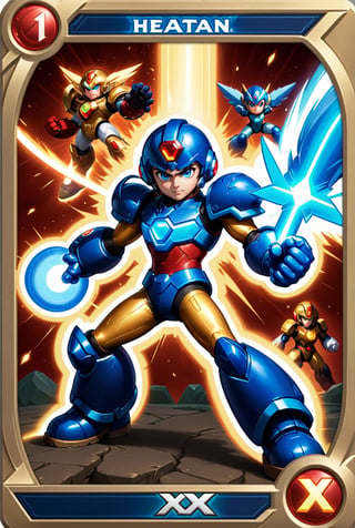 ((Masterpiece in 4K resolution, style inspired by Hearthstone card back design and the Mega Man X universe, with custom border and in-game items, optimized for the dimensions of the vertical card back image)). | Vertical trading card back representing the Mega Man The design features Mega Man X in an iconic pose, surrounded by iconic weapons such as the X-Buster and other signature elements from the games. | The background of the card back features a subtle metallic texture and light effects that resemble the environment of the Mega Man . | Balanced and symmetrical composition, with Mega Man X as the focal point, adjusted according to the proportions of the image on the back of the vertical card and integrating the customized border with game items. | Vibrant lighting and strong contrasts, with light and shadow effects that enhance the metallic appearance and design details, while maintaining legibility and visual impact across vertical letter dimensions. | Hearthstone card back inspired by the Mega Man X universe, with custom border and in-game items, carefully sized to the dimensions of the image on the vertical card back. | ((perfect_design, perfect_composition, perfect_layout)), ((perfect_detail, perfect_texture)), ((perfect_composition, perfect_design, perfect_layout, perfect_detail, ultra_detailed)), (((enhance_details, correct_imperfections))), More Detail, Enhance