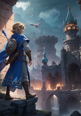 ((Masterpiece in maximum 4K resolution, with a style inspired by the epic universe of Zelda Tears of the Kingdom, fusing elements of adventure and fantasy.)) | In a magical kingdom shrouded in tears, the legendary hero, Link, takes the lead role. The scene unfolds with Link in the center, with his back to the viewer, looking at a horizon full of challenges and mysteries. His greenish cloak flutters gently in the wind, while the Triforce glows in his hand. | The composition highlights the immensity of the kingdom, with Link occupying the center of the image. The angle, subtly tilted, adds an aura of mystery and expectation to the scene. | Dramatic lighting highlights Link's profile and the surrounding landscape, creating a contrast between light and shadow that highlights the game's epic atmosphere. Effects such as motion blur and reflected light add dynamism to the image. | Link, the hero back in "Zelda Tears of the Kingdom", with his back to the viewer, facing a magical kingdom full of challenges and secrets. | {The camera is positioned very close to him, revealing his entire figure as he assumes a dynamic pose, interacting with and leaning against a structure in the scene in an exciting way.} | He takes a dynamic pose, boldly leaning on a structure, his cloak flowing in the wind, creating an engaging and mysterious atmosphere, | ((More Detail, ultra_detailed, Enhance)),