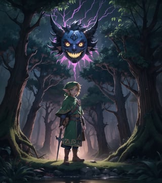 (Masterpiece in maximum 16K resolution, illustration style inspired by The Legend of Zelda Majora's Mask.)) | ((Link)) is in the macabre forest, wearing Majora's Mask on a night of heavy rain. He is dressed in his signature green tunic, but the mask gives him a sinister and frightening appearance. | The forest is dense and dark, with gnarled trees and rotting leaves scattered across the ground. Heavy rain creates a gloomy and oppressive atmosphere, while lightning lights up the sky every now and then. | The composition of the scene is dynamic, with camera angles that emphasize the feeling of fear and despair. Link is in a defensive pose, holding his sword and shield, while looking around with expressionless eyes. | The lighting effect is dark, with cold lights and deep shadows that create a dramatic contrast and enhance the horror atmosphere. | Link using Majora's Mask in a macabre forest at night, raining heavily. | {The camera is positioned very close to him, revealing his entire body as he assumes an exciting pose, interacting with and leaning against a structure in the scene in an exciting way.} | He takes a (((exciting pose as he interacts, boldly leaning on a structure, leaning back in an exciting way))), (((((full-body_image))))), ((perfect_pose, perfect_anatomy, perfect_body)), ((perfect_finger, perfect_fingers, perfect_hand, perfect_hands, better_hands)1.0), ((More Detail, ultra_detailed, Enhance)).,