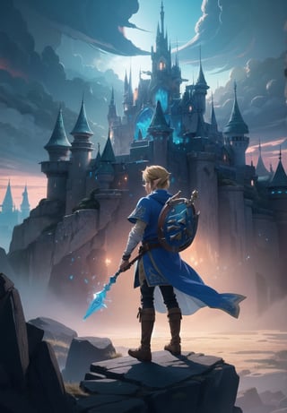 ((Masterpiece in maximum 4K resolution, with a style inspired by the epic universe of Zelda Tears of the Kingdom, fusing elements of adventure and fantasy.)) | In a magical kingdom shrouded in tears, the legendary hero, Link, takes the lead role. The scene unfolds with Link in the center, with his back to the viewer, looking at a horizon full of challenges and mysteries. His greenish cloak flutters gently in the wind, while the Triforce glows in his hand. | The composition highlights the immensity of the kingdom, with Link occupying the center of the image. The angle, subtly tilted, adds an aura of mystery and expectation to the scene. | Dramatic lighting highlights Link's profile and the surrounding landscape, creating a contrast between light and shadow that highlights the game's epic atmosphere. Effects such as motion blur and reflected light add dynamism to the image. | Link, the hero back in "Zelda Tears of the Kingdom", with his back to the viewer, facing a magical kingdom full of challenges and secrets. | {The camera is positioned very close to him, revealing his entire figure as he assumes a dynamic pose, interacting with and leaning against a structure in the scene in an exciting way.} | He takes a dynamic pose, boldly leaning on a structure, his cloak flowing in the wind, creating an engaging and mysterious atmosphere, | ((More Detail, ultra_detailed, Enhance)),