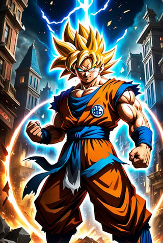 ((Masterpiece in 4K resolution, style inspired by Hearthstone card design and the Dragon Ball universe, featuring Goku transformed into a Super Saiyan with a background of a destroyed city at night)). | Trading card depicting Goku in his Super Saiyan form, with bristling golden hair and intense eyes, as he prepares to launch a powerful attack. Rays of energy and a glowing aura surround the character, enhancing his power. | The background of the card features a nighttime scene of a destroyed city, with damaged buildings, scattered debris and smoke, while the dark sky is illuminated by the moon and the energies of battle. The icons and details typical of Hearthstone cards are present, harmonizing the overall design. | Dynamic composition with Goku in the center, highlighting his aggressive pose and the sensation of movement. | Dramatic lighting, with cold tones and strong contrasts, deep shadows and light effects that highlight the character's powerful appearance and the chaotic environment of the destroyed city. | Hearthstone Card of Goku transformed into a Super Saiyan, ready for battle in the background of a city devastated by night. | ((perfect_design, perfect_composition, perfect_layout)), ((perfect_detail, perfect_texture)), ((perfect_composition, perfect_design, perfect_layout, perfect_detail, ultra_detailed)), (((enhance_details, correct_imperfections))), More Detail, Enhance