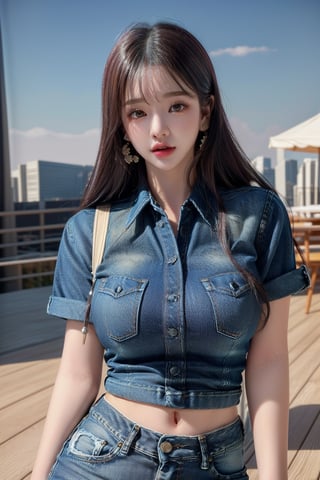 1 girl , solo, Hani, realistic, ((32K CG, UHD, Highly Detail)), (Intricate Detail:1.3), (Highest Quality:1.3), (Masterpiece:1.3), (Surreal:1.3), {beautiful and detailed eyes}, glossy lips, perfect body, lean body, long legs, Glamor body type, delicate facial features, ((a girl wearing denim shirts and short denim skirt)), ear_rings