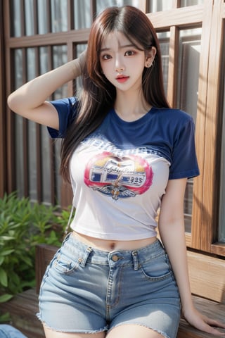 1 girl , solo, Hani, realistic, (HDR:1.4), {beautiful and detailed eyes}, glossy lips, perfect body, lean body, long legs, Glamor body type, delicate facial features, Sexy Pose, ((a girl wearing t-shirts and short jeans)), ear_rings,