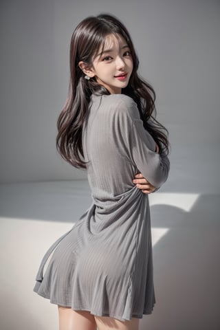 1 girl , solo, Hani, realistic, ((32K CG, UHD, Highly Detail)), (Intricate Detail:1.3), (Highest Quality:1.3), (Masterpiece:1.3), (Surreal:1.3), {beautiful and detailed eyes}, glossy lips, perfect body, lean body, long legs, Glamor body type, delicate facial features, ((a girl wearing grey cotton dress)), happy smile, ear_rings, full_body, from_behind