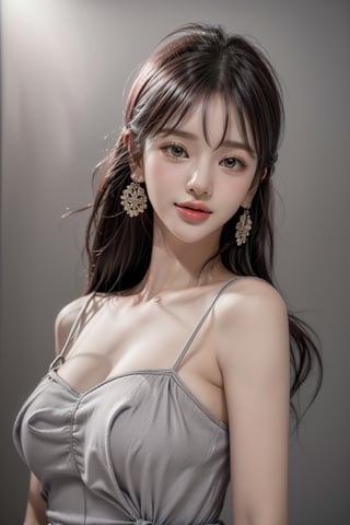 1 girl , solo, Hani, realistic, ((32K CG, UHD, Highly Detail)), (Intricate Detail:1.3), (Highest Quality:1.3), (Masterpiece:1.3), (Surreal:1.3), {beautiful and detailed eyes}, glossy lips, perfect body, lean body, long legs, Glamor body type, delicate facial features, ((a girl wearing grey cotton dress)), happy smile, ear_rings, full_body