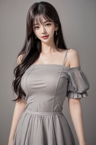 1 girl , solo, Hani, realistic, ((32K CG, UHD, Highly Detail)), (Intricate Detail:1.3), (Highest Quality:1.3), (Masterpiece:1.3), (Surreal:1.3), {beautiful and detailed eyes}, glossy lips, perfect body, lean body, long legs, Glamor body type, delicate facial features, ((a girl wearing grey cotton dress)), happy smile, ear_rings, full_body