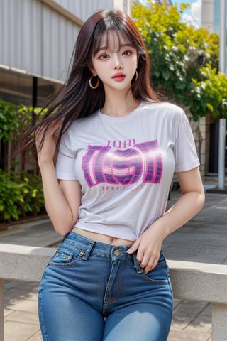 1 girl , solo, Hani, realistic, (HDR:1.4), {beautiful and detailed eyes}, glossy lips, perfect body, lean body, long legs, Glamor body type, delicate facial features, Sexy Pose, ((a girl wearing t-shirts and short jeans)), ear_rings