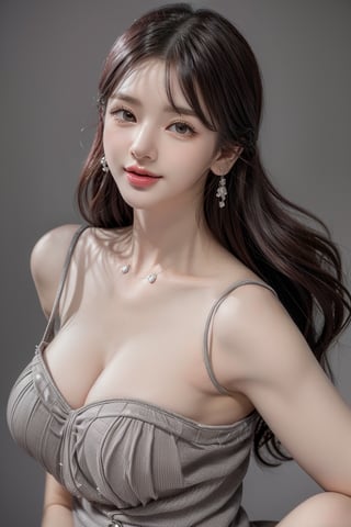 1 girl , solo, Hani, realistic, ((32K CG, UHD, Highly Detail)), (Intricate Detail:1.3), (Highest Quality:1.3), (Masterpiece:1.3), (Surreal:1.3), {beautiful and detailed eyes}, glossy lips, perfect body, lean body, long legs, Glamor body type, delicate facial features, ((a girl wearing grey cotton dress)), happy smile, ear_rings, full_body