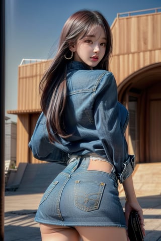 1 girl , solo, Hani, realistic, ((32K CG, UHD, Highly Detail)), (Intricate Detail:1.3), (Highest Quality:1.3), (Masterpiece:1.3), (Surreal:1.3), {beautiful and detailed eyes}, glossy lips, perfect body, lean body, long legs, Glamor body type, delicate facial features, ((a girl wearing denim shirts and short denim skirt)), ear_rings, from_behind