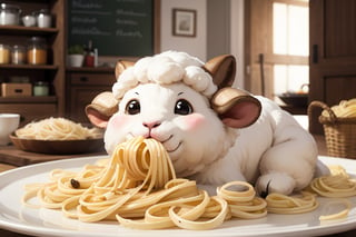 Anthropomorphic fat sheep eating pasta