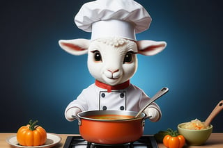 Anthropomorphic lamb wearing a chef hat cooking soup