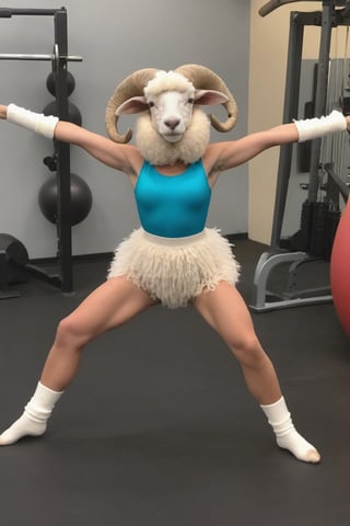 Anthropomorphic sheep wearing leg warmers and leotard, in gym, doing the splits