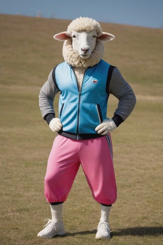 Anthropomorphic sheep dressed in 1980s workout clothes