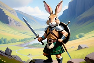 Anthropomorphic rabbit warrior in a kilt,holding a claymore, Scottish glen scene