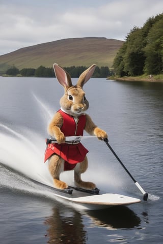 Anthropomorphic rabbit, water-skiing on a Scottish loch