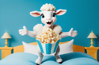 Anthropomorphic lamb jumping on bed and holding popcorn 