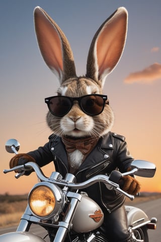 Anthropomorphic rabbit, wearing leather jacket and sunglasses, riding a harley davidson 