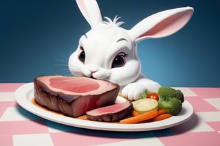 Anthropomorphic rabbit eating a colossal steak

