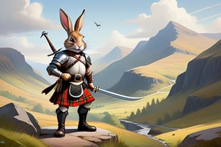 Anthropomorphic rabbit warrior in a kilt,holding a claymore, Scottish glen scene