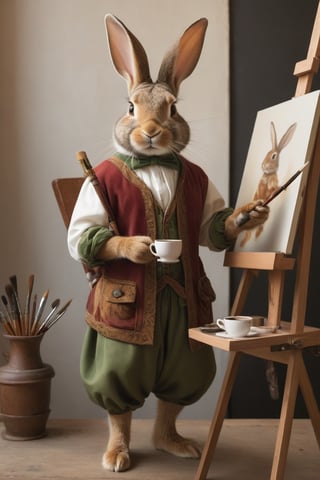 Anthropomorphic rabbit dressed as Michaelangelo, standing at an easel holding a paintbrush and a coffee cup, renaissance art studio, beautiful painting of a 2oman on the easel