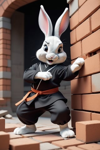 Anthropomorphic rabbit wearing a black gi, breaking bricks with his paw