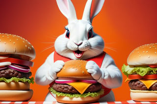 Anthropomorphic rabbit eating a colossal burger
