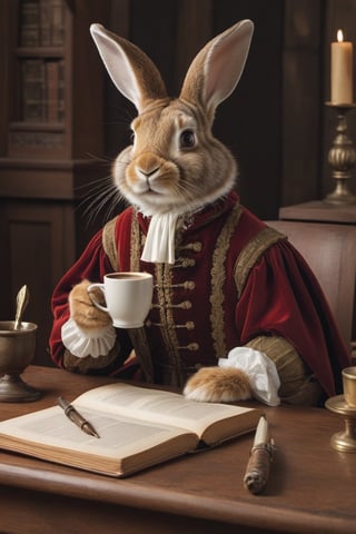 Anthropomorphic rabbit dressed as Shakespeare, sitting at a medieval writing desk holding a quill and a coffee cup