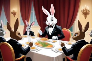 Anthropomorphic rabbit wearing a dark suit and  eating at a banquet table

