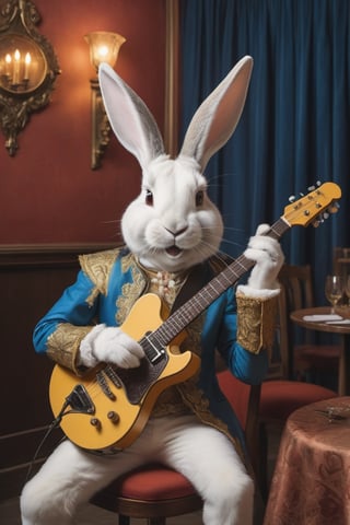 Anthropomorphic rabbit dressed as medieval minstrel, playing an electric guitar behind his head like Jimi Hendrix , crowded castle banquet room