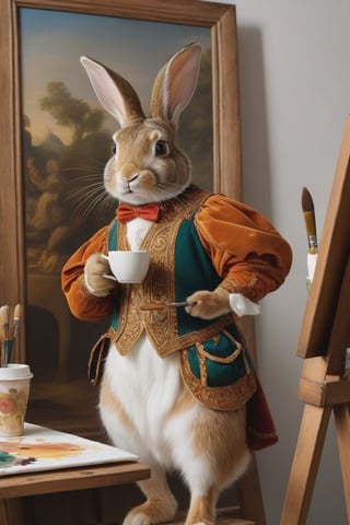 Anthropomorphic rabbit dressed as Michaelangelo, standing at an easel holding a paintbrush and a coffee cup, renaissance art studio, beautiful painting of a 2oman on the easel