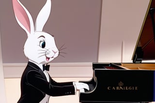 Anthropomorphic rabbit wearing a tuxedo, playing a grand piano in Carnegie Hall