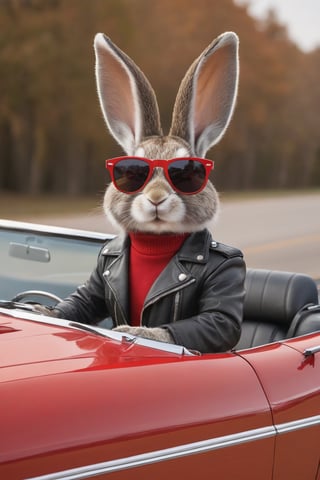 Anthropomorphic rabbit, wearing leather jacket and sunglasses, driving a red 1972 ford mustang convertible 