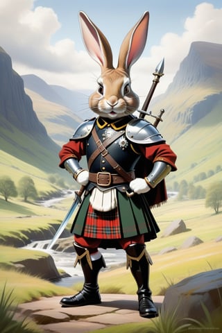 Anthropomorphic rabbit warrior in a kilt,holding a claymore, Scottish glen scene