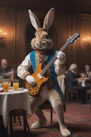 Anthropomorphic rabbit dressed as medieval minstrel, playing an electric guitar behind his head like Jimi Hendrix , crowded castle banquet room