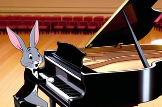 Anthropomorphic rabbit wearing a tuxedo, playing a grand piano in Carnegie Hall