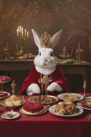 Anthropomorphic rabbit sitting at a banquet table, table covered in food, wearing red velvet robes and a big gold jewelled crown