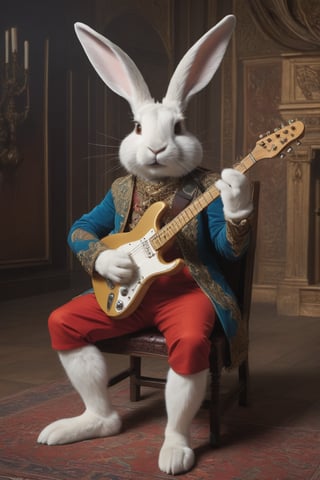 Anthropomorphic rabbit dressed as medieval minstrel, playing an electric guitar like Jimi Hendrix , castle throne room