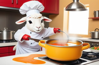 Anthropomorphic lamb wearing a chef hat cooking soup