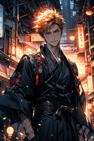 (masterpiece, best quality), , cowboy shot, solo, male focus, 1boy, kurosaki ichigo, slight smile, looking at viewer, short orange hair, brown eyes, japanese clothes, black kimono, 

(ultrahigh resolution textures), in dynamic pose, bokeh, (intricate details, hyperdetailed:1.15), detailed, HDR+, 