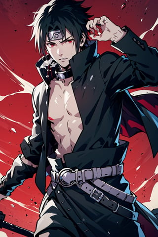 (masterpiece, best quality), , cowboy shot, solo, male focus, 1boy, Sasuke Uchiha, slight smile, looking at viewer, 
The left eye glows purple and the right eye glows red, spiky black hair with a blue tint. Sasuke's hair is long, very handsome. 
black cloak, a maroon cinch on the collar, and maroon lining. His long-sleeved shirt gains light grey cuffs, and he wears a pair of brown leather belts with a black sheath for his sword, 
The whole body exudes black and red and purple aura, black and red and purple background,

(ultrahigh resolution textures), in dynamic pose, bokeh, (intricate details, hyperdetailed:1.15), detailed, HDR+, ,male,Naruto uzumaki ,n4rut0,s4suk3