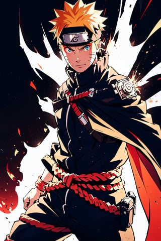 (masterpiece, best quality), , cowboy shot, solo, male focus, 1boy, Uzumaki Naruto, slight smile, looking at viewer, yellow-blond, spiky hair and blue eyes, His trademark characteristics are the three whisker markings on his cheeks. 
wears a black uniform jacket with an orange zipper and buttons on the waist and sleeves, black pants, a white cape that has a red flame pattern around the hem, is held together by a red rope. 
The whole body exudes black and red aura, black and red background,

(ultrahigh resolution textures), in dynamic pose, bokeh, (intricate details, hyperdetailed:1.15), detailed, HDR+, ,male,Naruto uzumaki ,n4rut0