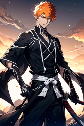 (masterpiece, best quality), , cowboy shot, solo, male focus, 1boy, kurosaki ichigo, slight smile, looking at viewer, short orange hair, brown eyes, japanese clothes, black kimono, Holding black katana,

(ultrahigh resolution textures), in dynamic pose, bokeh, (intricate details, hyperdetailed:1.15), detailed, HDR+, ,male